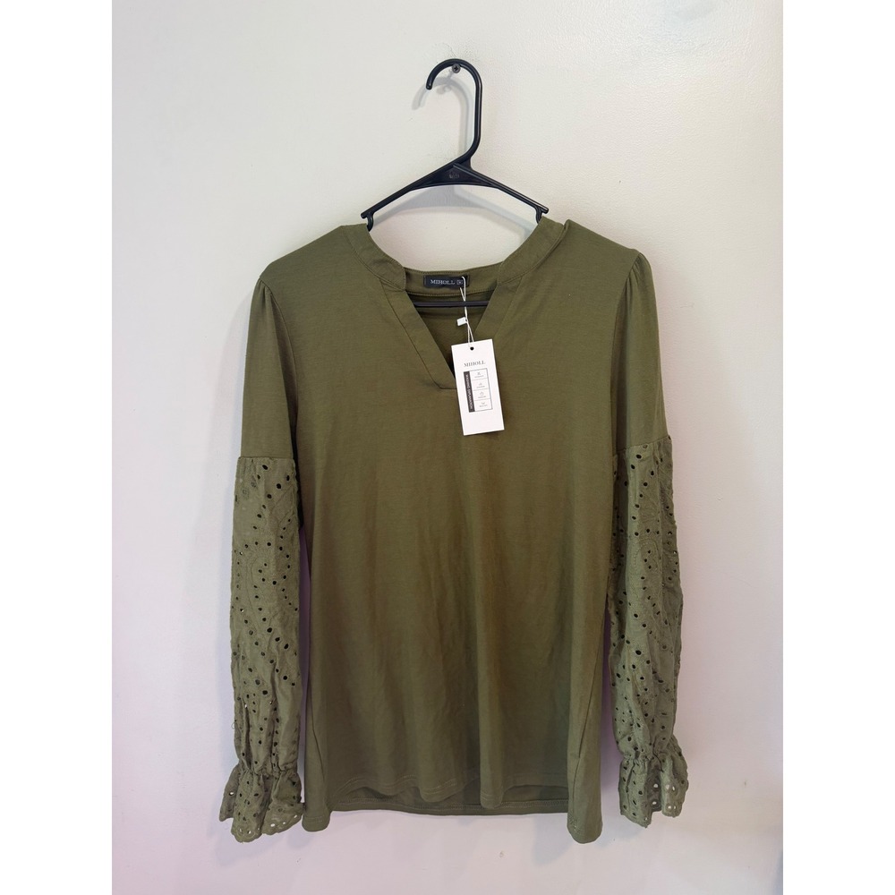 Miholl Women Olive Green Eyelet Lace Balloon Sleeve Split V-Neck Blouse Medium